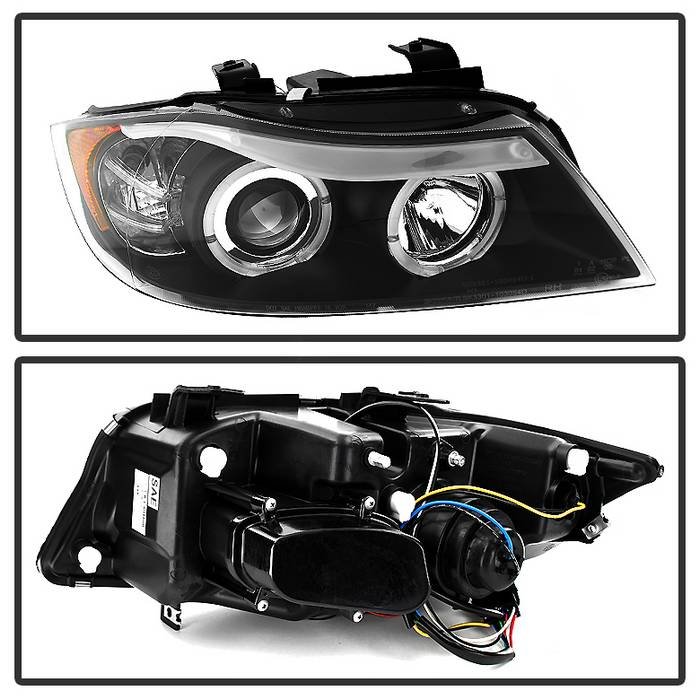 BMW E90 3-Series 06-08 4DR Projector Headlights – LED Halo – Amber Reflector – Replaceable Eyebrow Bulb – Black – High H1