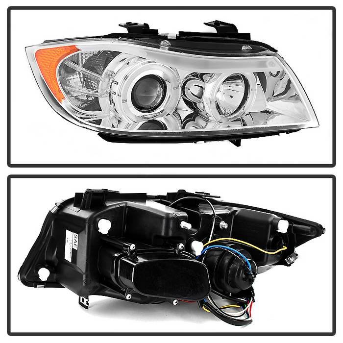 BMW E90 3-Series 06-08 4DR Projector Headlights – LED Halo – Amber Reflector – Replaceable Eyebrow Bulb – Chrome – High H1