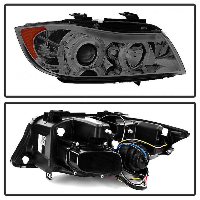 BMW E90 3-Series 06-08 4DR Projector Headlights – LED Halo – Amber Reflector – Replaceable Eyebrow Bulb – Smoke- High H1