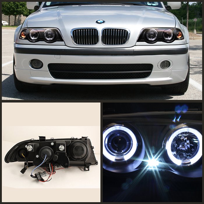 MW E46 3-Series 99-01 4DR Projector Headlights 1PC – LED Halo – Amber Reflector – Black – High H1