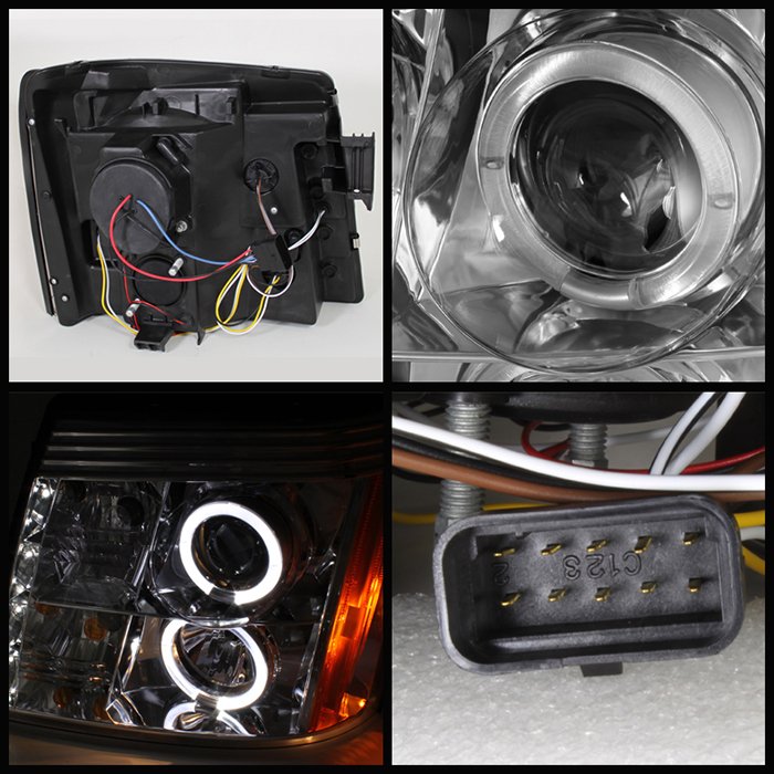 Cadillac Escalade 02-03 Projector Headlights – Halogen Model Only ( Not Compatible With Xenon/HID Model ) – LED Halo – DRL – Chrome – High H1