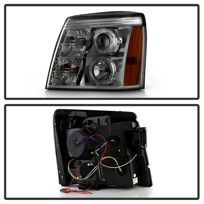 Cadillac Escalade 02-03 Projector Headlights – Halogen Model Only ( Not Compatible With Xenon/HID Model ) – LED Halo – DRL – Smoke – High H1