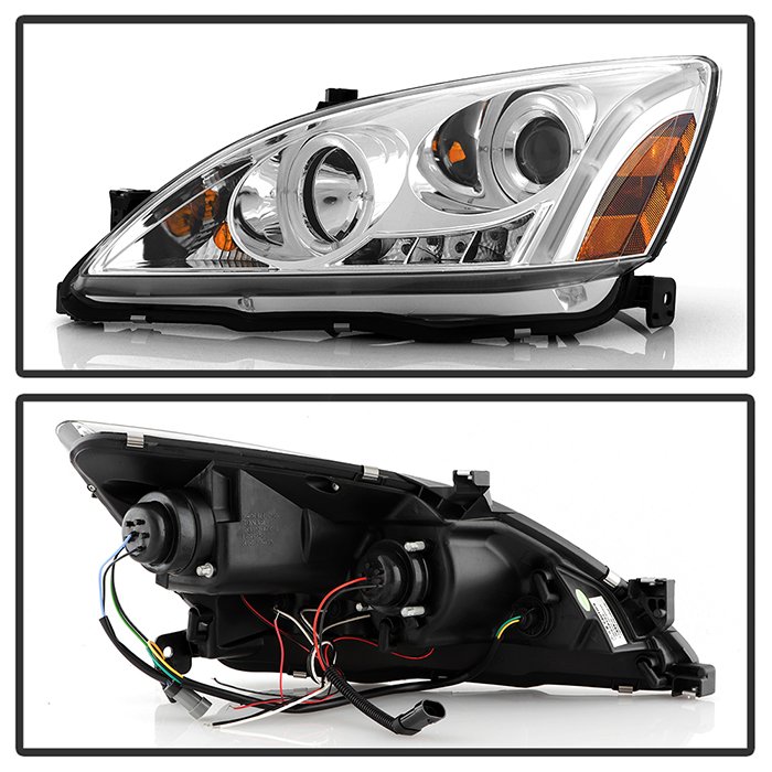 Honda Accord 03-07 Projector Headlights – LED Halo – Amber Reflector – LED ( Replaceable LEDs ) – Chrome