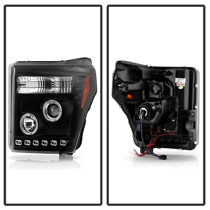 Ford F-250/F-350/F450 Super Duty 11-16 Projector Headlights – LED Halo – DRL – All Black – High H1