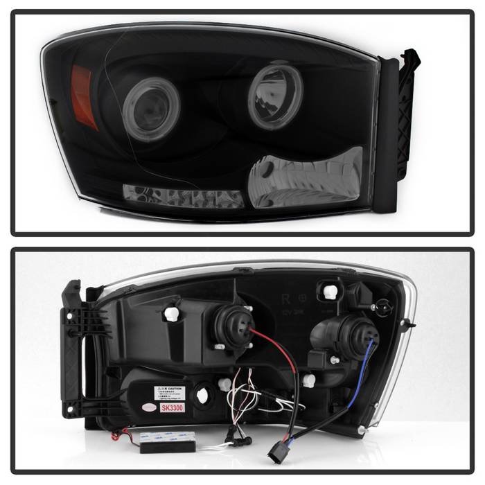 Dodge Ram 1500 06-08 / Ram 2500/3500 06-09 Projector Headlights – CCFL Halo – LED ( Replaceable LEDs ) – Black Smoke – High H1