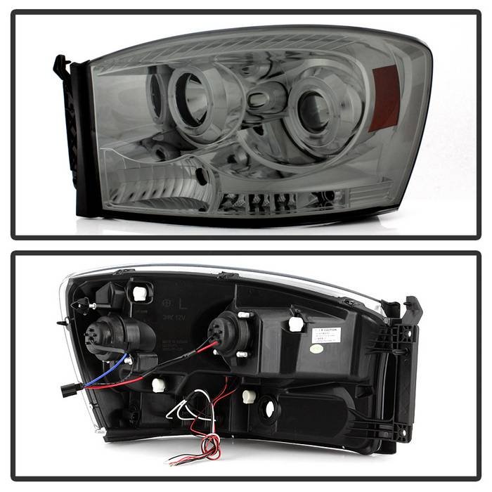 Dodge Ram 1500 06-08 / Ram 2500/3500 06-09 Projector Headlights – LED Halo – LED ( Replaceable LEDs ) – Smoke – High H1