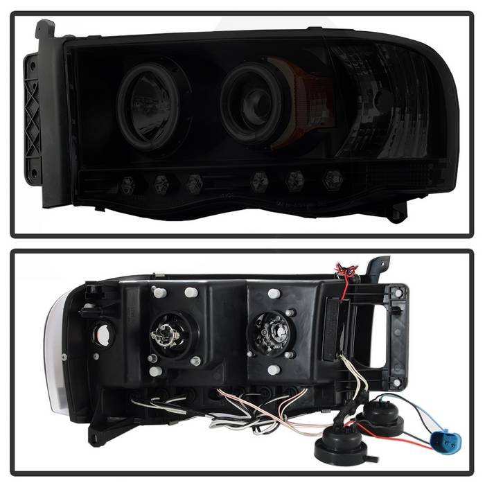 Dodge Ram 1500 02-05 / Ram 2500/3500 03-05 Projector Headlights – CCFL Halo – LED ( Replaceable LEDs ) – Black Smoke – High H1