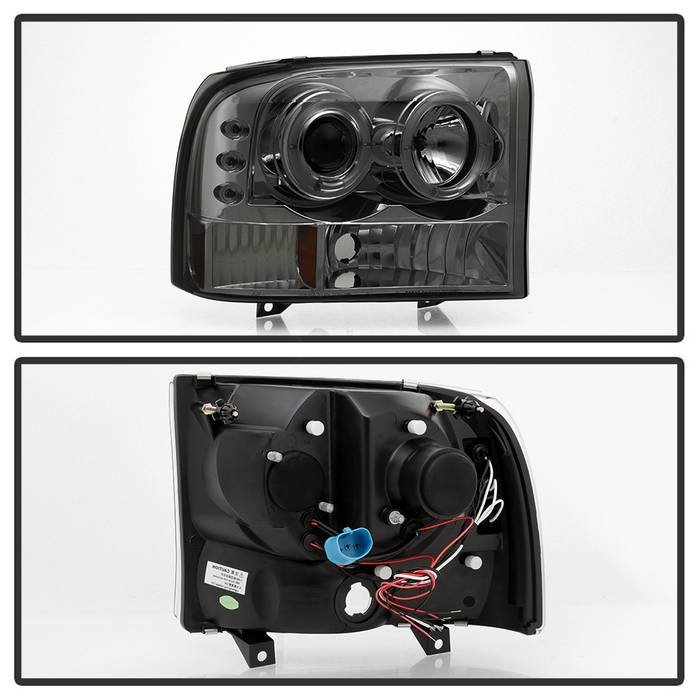 Ford F250 Super Duty 99-04 / Ford Excursion 00-04 1PC Projector Headlights – Version 2 – LED Halo – LED ( Replaceable LEDs ) – Smoke – High H1