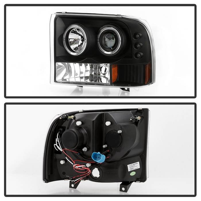 Ford F250 Super Duty 99-04 / Ford Excursion 00-04 1PC Projector Headlights – Version 2 – LED Halo – LED ( Replaceable LEDs ) – Black – High H1